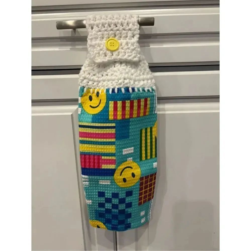 Crochet Top Kitchen Towel-Smiley faces with design